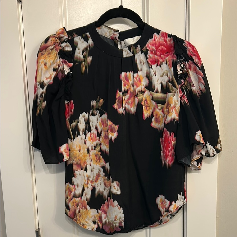 7 For All Mankind Black and Pink Pleated Blouse with Flutter Sleeves